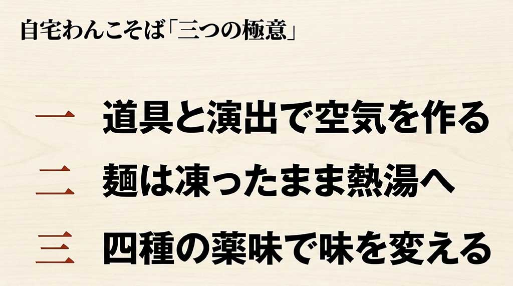 1.道具と演出で空気を作る、2.麺は凍ったまま熱湯へ、3.四種の薬味で味を変える、という三つの重要ポイントのまとめ