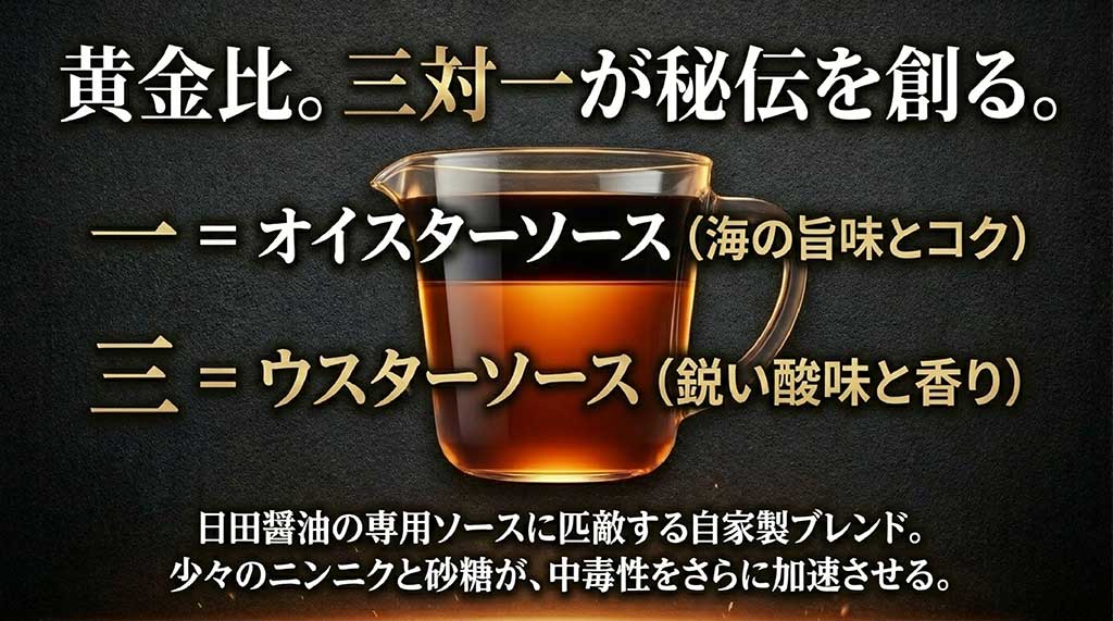 オイスターソースとウスターソースを3対1で混ぜる自家製ブレンドの解説図