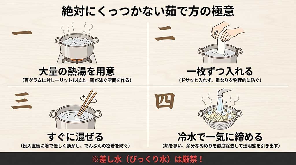 ひもかわうどんを美味しく茹でるための4ステップ（大量の湯、一枚ずつ投入、混ぜる、冷水締め）と、びっくり水厳禁の注意点