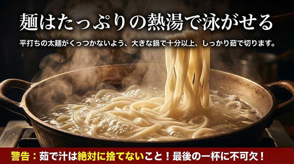平打ち太麺をたっぷりのお湯で茹でるコツと、ちーたんたん用に茹で汁を捨てないための警告