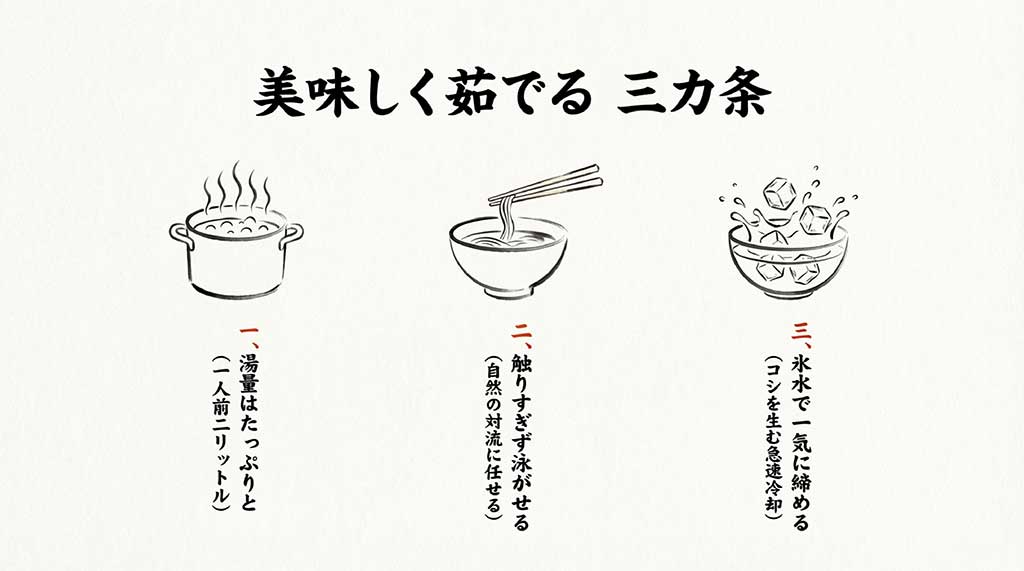 蕎麦を美味しく茹でるコツ。たっぷりの湯量、触らず泳がせる、氷水で締めるの3ステップ