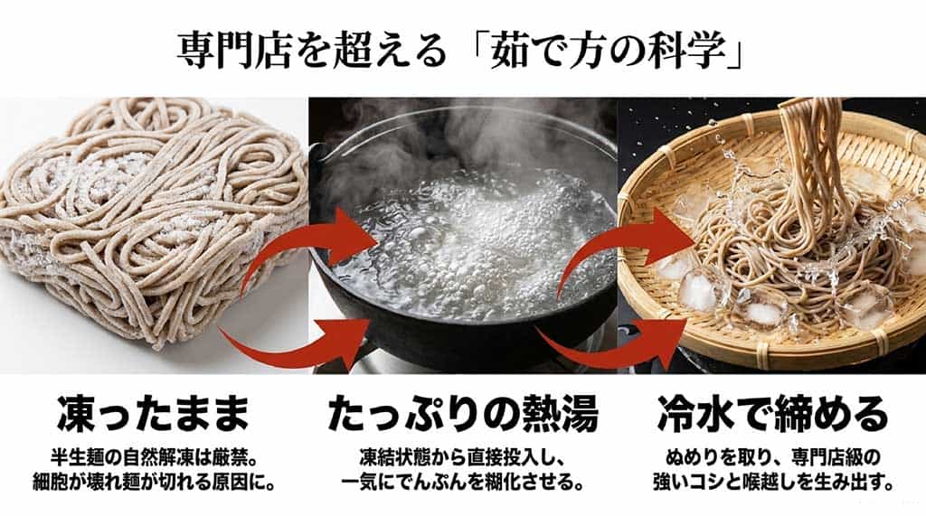 凍ったままの麺をたっぷりの熱湯に入れ、最後に冷水で締める工程を示す3枚の比較写真と解説