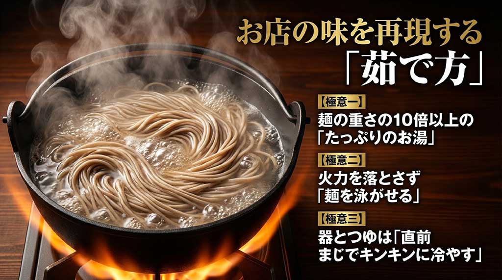 たっぷりのお湯、火力を落とさない、器とつゆを冷やすという茹で方のコツ解説スライド