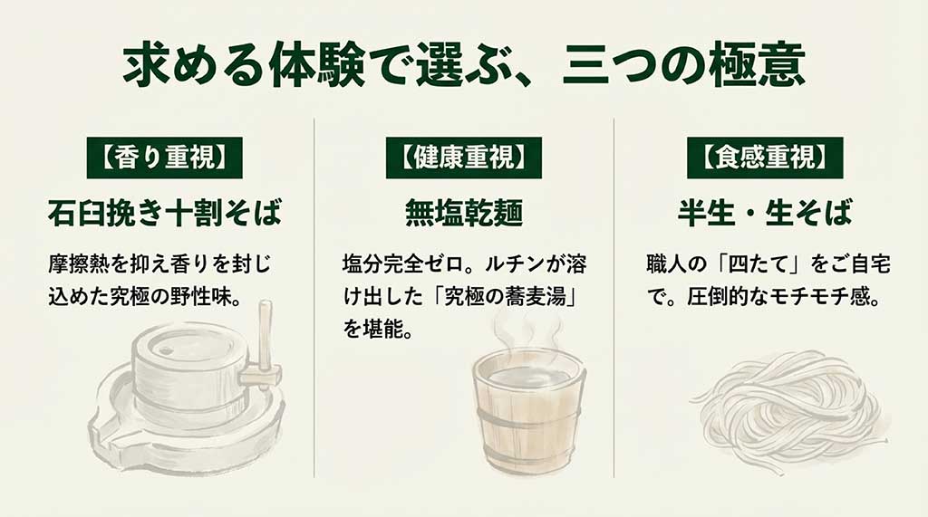 祖谷そばを選ぶ際の3つの基準（香り、健康、食感）と、それぞれの特徴（十割、無塩、生麺）を比較した図