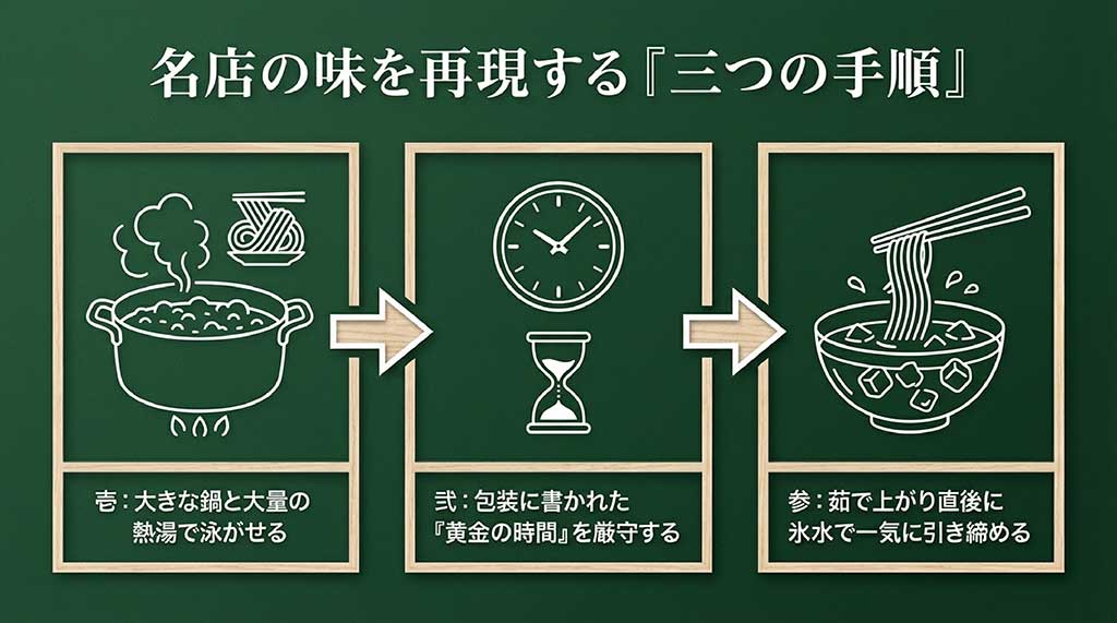 へぎそばを美味しく茹でるための、たっぷりのお湯、時間厳守、氷水締めの3工程図解