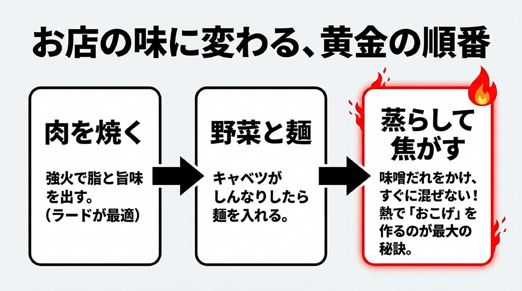 肉を焼く、野菜と麺を入れる、蒸らして焦がすという調理の黄金順序を解説したスライド