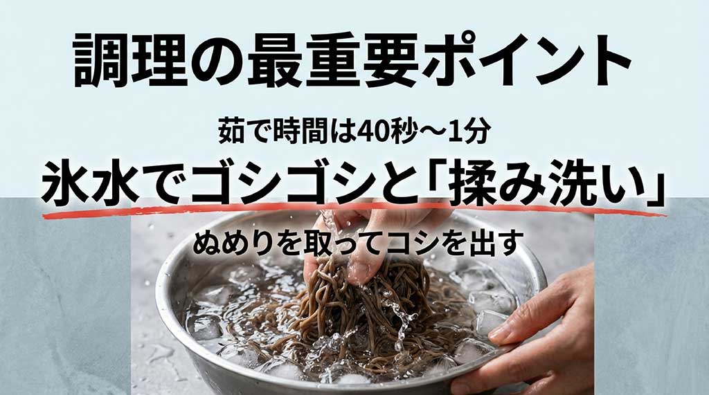 茹で時間は40秒から1分、氷水でゴシゴシと揉み洗いしてぬめりを取りコシを出す手順の解説