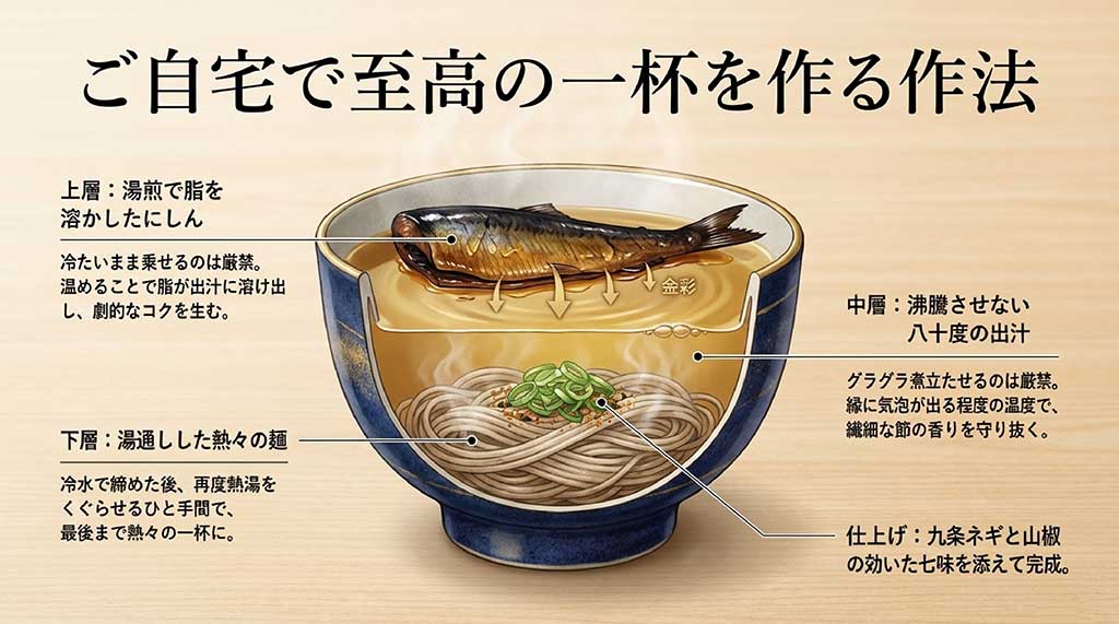 にしんを湯煎で温め、出汁を沸騰させず、麺を湯通しする手順を図解したスライド