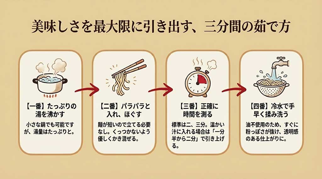 たっぷりのお湯で2〜3分茹で、冷水で揉み洗いするという美味しさを引き出す4ステップの図解