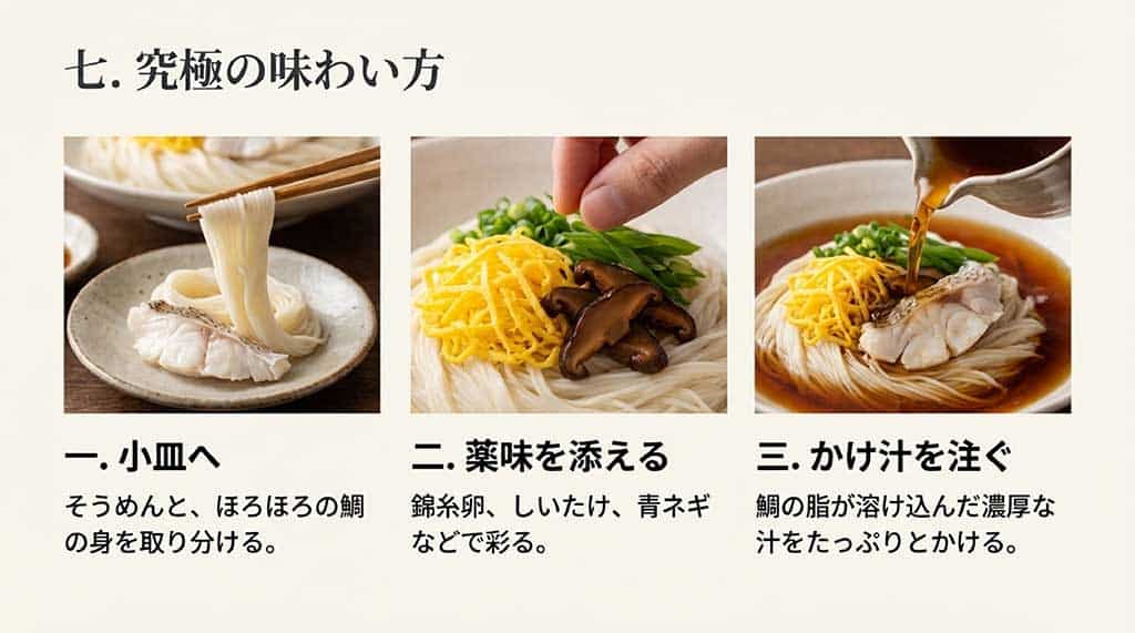 小皿に取り分け、彩り豊かな薬味を添え、鯛の脂が溶け込んだ汁をたっぷりかける手順の図解スライド