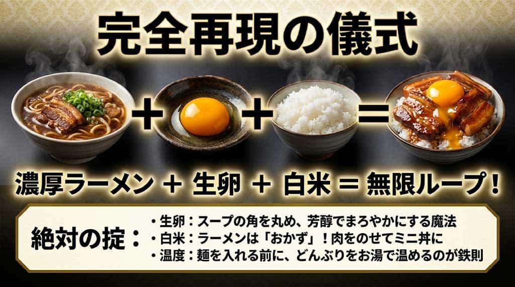 徳島ラーメンを120%楽しむための「濃厚ラーメン+生卵+白米」の組み合わせと、美味しく食べるための掟(どんぶりを温める等)の解説
