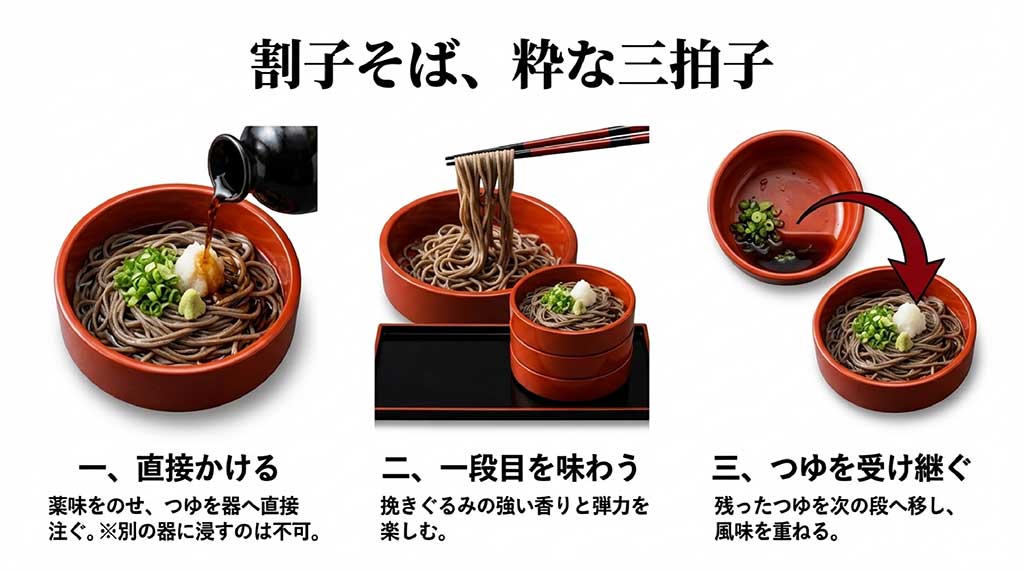 割子そばの正しい作法（つゆを器へ直接かける、一段目を味わう、残ったつゆを次の段へ移す）を写真とイラストで説明したガイド