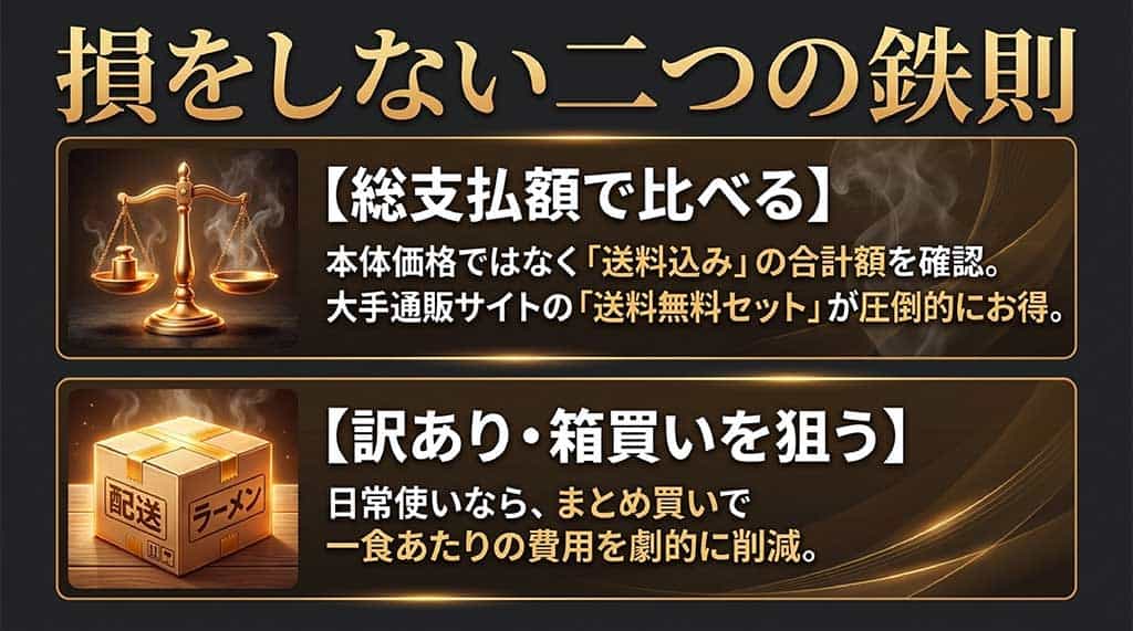 総支払額での比較（送料込み）と、訳あり・箱買いの活用でコストを削減する方法を説明するスライド