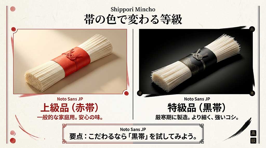 揖保乃糸の赤帯（上級品・家庭用）と黒帯（特級品・厳寒期製造で細く強いコシ）の違いを説明する比較スライド