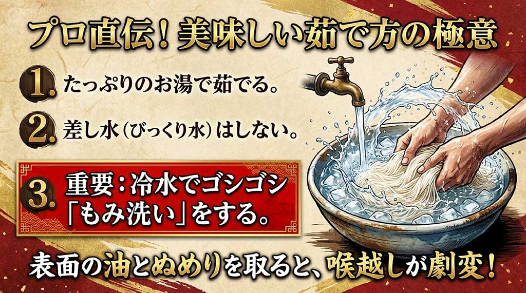 たっぷりのお湯で茹で、差し水をせず、冷水でしっかり「もみ洗い」をするという美味しい茹で方の重要ポイントをまとめたスライド