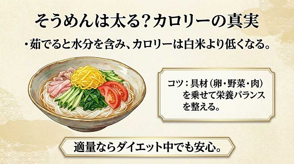 茹でると白米より低カロリーになることや、卵・野菜などの具材を乗せて栄養バランスを整えるコツを解説する料理イラスト付きスライド