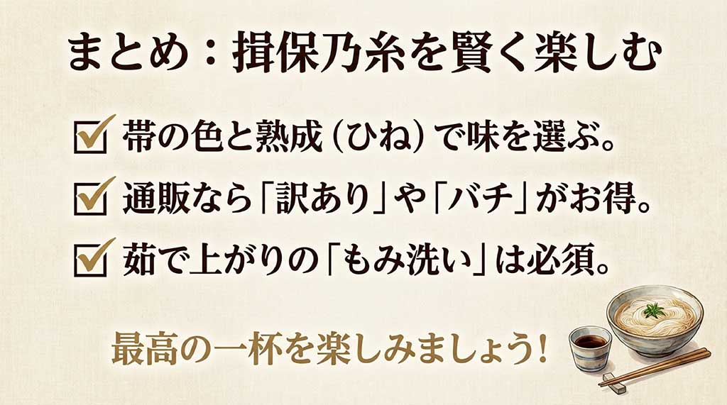 帯の色と熟成で味を選ぶ、通販は訳ありやバチがお得、茹で上がりのもみ洗いは必須、という3つのポイントをまとめた最終確認用スライド