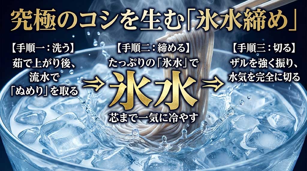 ぬめり取り、氷水での冷却、水切りの3ステップを解説するスライド