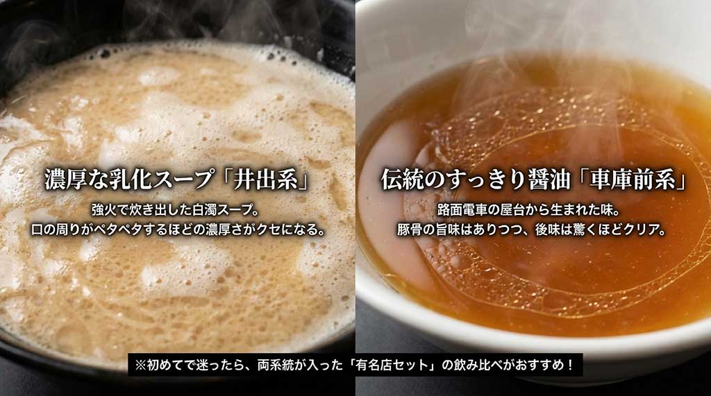 強火で炊き出した白濁の井出系スープと、路面電車の屋台から生まれたクリアな車庫前系スープの違いを解説する図解