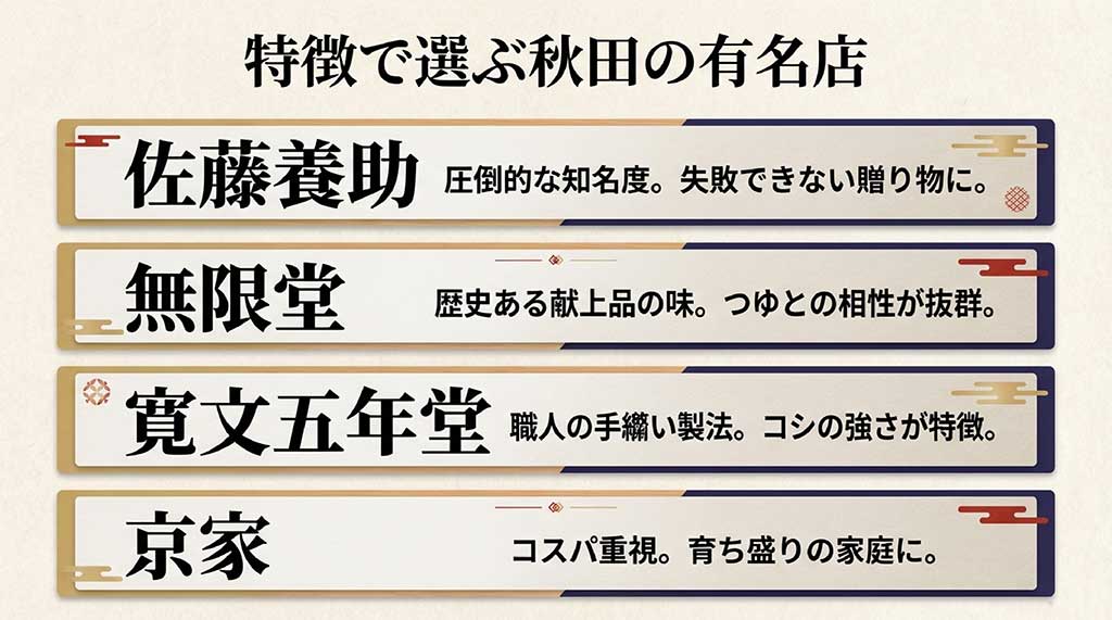 佐藤養助、無限堂、寛文五年堂、京家それぞれの特徴とおすすめの用途を比較