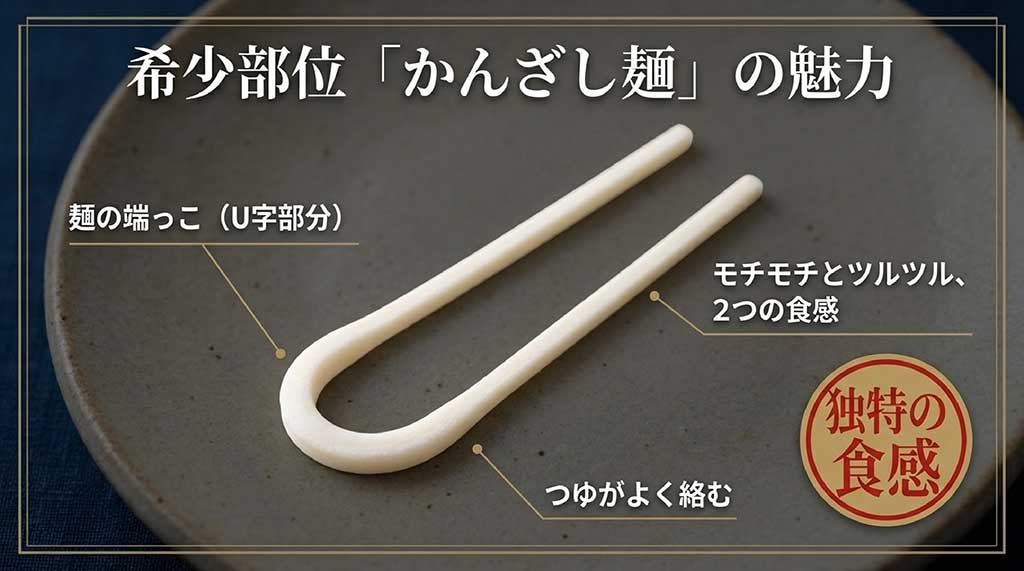 稲庭うどんの麺の端っこ（U字部分）である、モチモチとツルツルの食感が楽しめる希少なかんざし麺