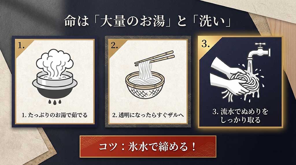 1.たっぷりのお湯で茹でる 2.透明になったらすぐザルへ 3.氷水で締め、ぬめりを取る 稲庭うどんの茹で方