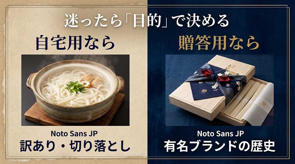 ギフト用と同じ品質で価格は半額以下の、稲庭うどん切り落とし（訳あり）のメリット
