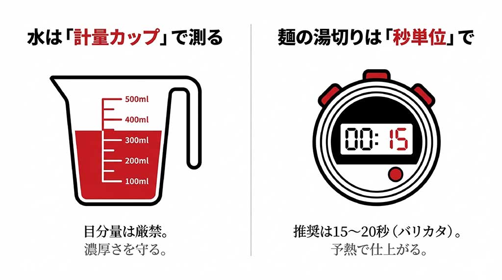 水の計量を正確に行い、麺の湯切りを秒単位（15〜20秒）で行うための手順
