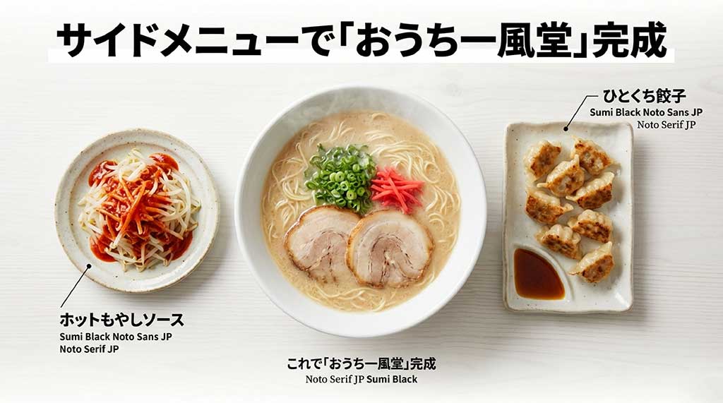 ひとくち餃子やホットもやしソースを組み合わせて、自宅で店舗のセットメニューを再現するイメージ