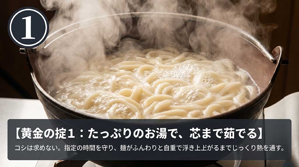 たっぷりのお湯で麺の芯までじっくり茹で、ふんわり浮き上がるのを待つ「黄金の掟1」の図解