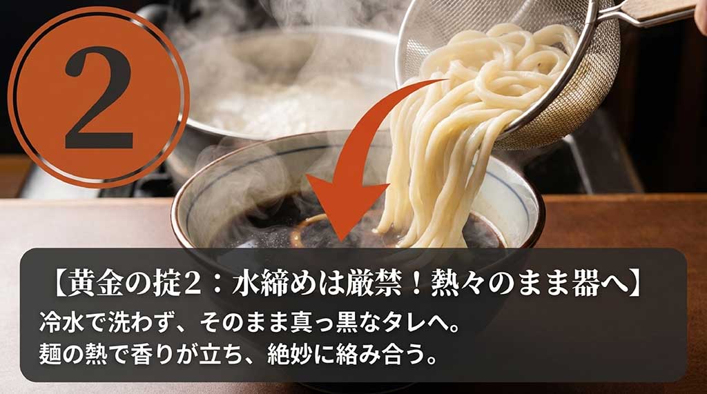 茹で上がった麺を冷水で締めず、熱々のままタレと絡めることで香りを立たせる「黄金の掟2」の解説