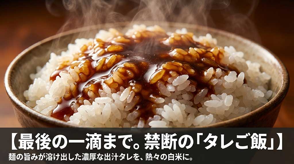 麺を食べ終わった後の濃厚な出汁タレを熱々の白米にかける、地元民が愛する至高の食べ方