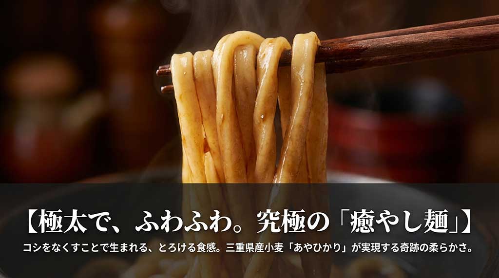 三重県産小麦「あやひかり」を使用した、コシがなくとろけるような極太・ふわふわ食感の伊勢うどんの紹介
