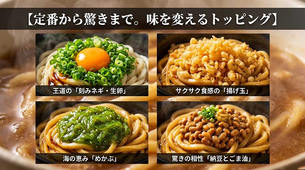 刻みネギ、生卵、揚げ玉、めかぶ、納豆とごま油など、伊勢うどんに合う定番・アレンジトッピング集