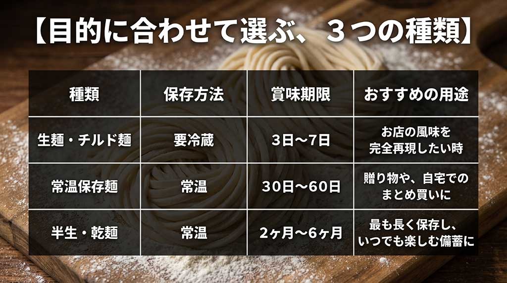 生麺、常温保存麺、半生・乾麺の3種類の賞味期限、保存方法、おすすめ用途の比較一覧