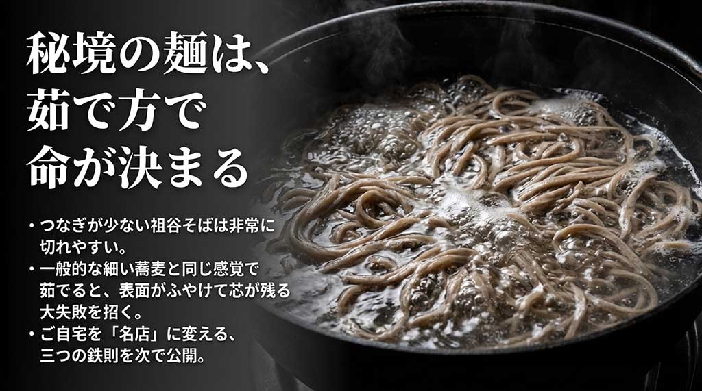 祖谷そばは茹で方が重要であることを説明するスライド。切れやすい特性への注意喚起
