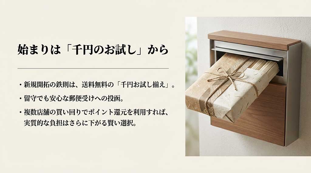 郵便受けに投函される祖谷そばのお試しセット。送料無料で賢くポイント還元を利用するコツを解説