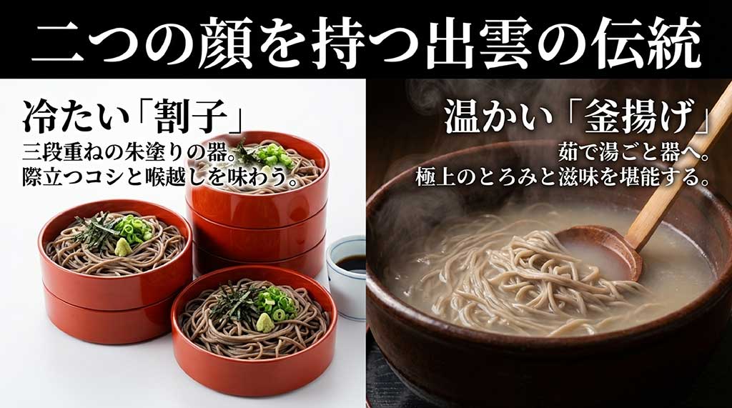 冷たい「割子（わりご）」と温かい「釜揚げ（かまあげ）」という、出雲そばを代表する2つの伝統的な食べ方を比較紹介するスライド