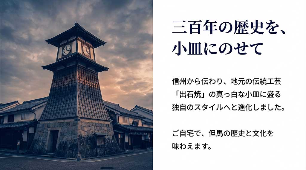 300年の歴史を持つ出石そばと、シンボルの辰鼓楼、伝統工芸「出石焼」の小皿に盛られた蕎麦の紹介