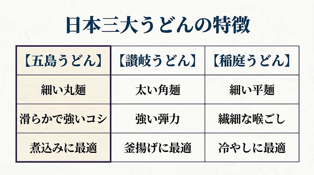 五島うどん、讃岐うどん、稲庭うどんの特徴を比較した表