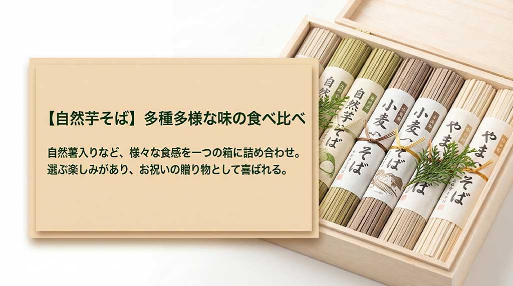 自然薯入りなどバリエーション豊かな蕎麦を楽しめる自然芋そばのギフトセット紹介