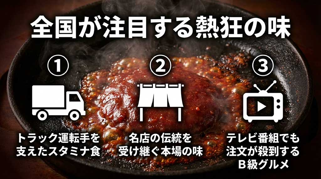 トラック運転手を支えたスタミナ食、名店の伝統、テレビで話題のB級グルメという3つの特徴を示すアイコン