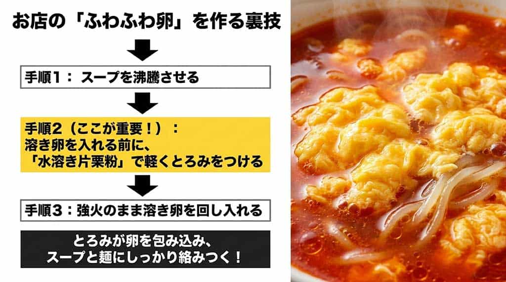 スープを沸騰させ、水溶き片栗粉でとろみをつけてから溶き卵を入れる、ふわふわ卵を作るための3ステップ解説