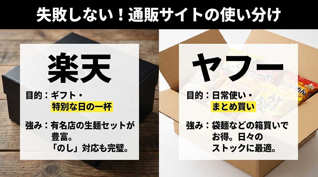 ギフトや有名店なら楽天、日常使いやまとめ買いならヤフーショッピングがおすすめであることを示す比較図