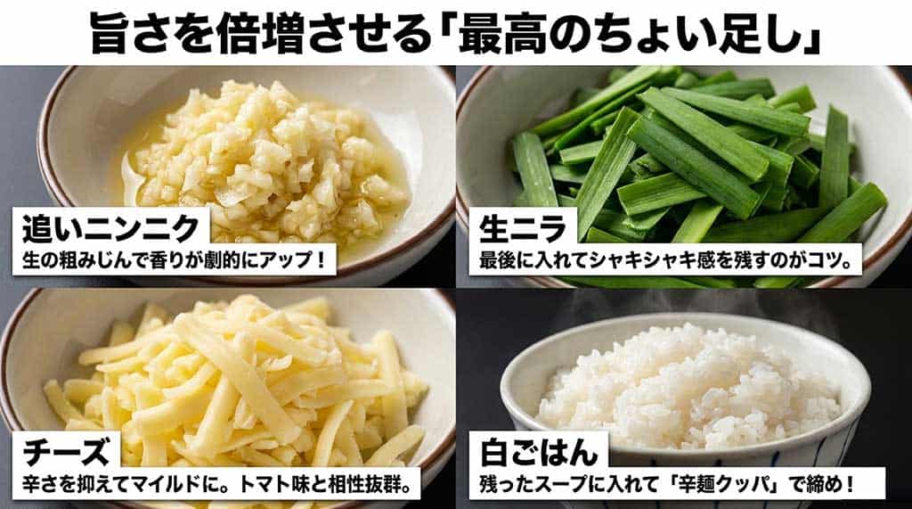 追いニンニク、生ニラ、チーズ、締めのごはんなど、旨さを倍増させるトッピング例のまとめ