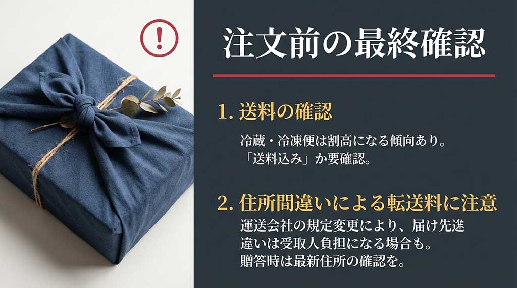 送料の確認や、住所間違いによる転送料の注意など、お取り寄せ注文前に確認すべきポイントをまとめたスライド