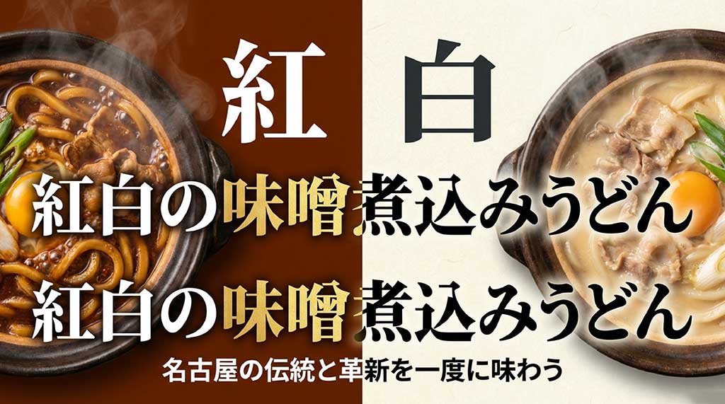 名古屋名物、桔梗庵の赤味噌と白味噌の味噌煮込みうどんセットのイメージ画像