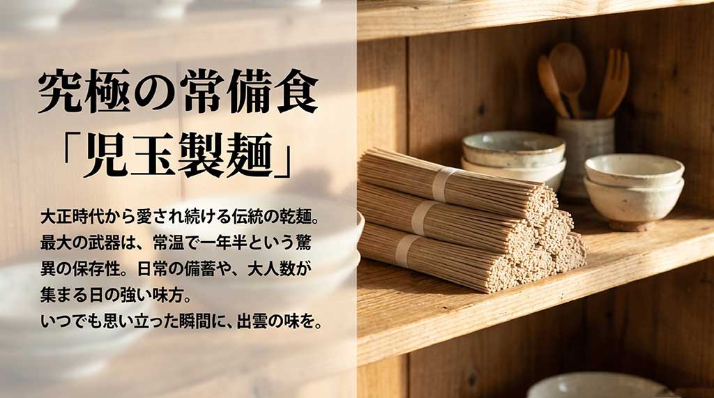 大正時代から続く伝統の乾麺で、常温で約1年半の長期保存が可能。日常の備蓄や大人数の集まりに最適な「児玉製麺」の紹介