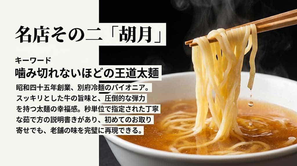 圧倒的な弾力を持つ胡月の太麺と茹で方の説明書きについての解説