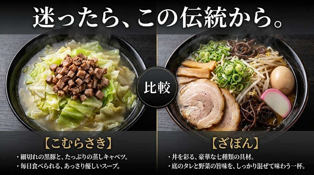 こむらさきの細切れ黒豚と蒸しキャベツ、ざぼんの豪華な七種類の具材と混ぜて食べるスタイルの比較